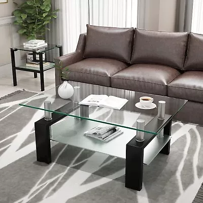 Black Polished Glass Cocktail Coffee Table Center For Living Room With Storage • $109.99