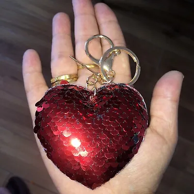 Keychain Sequin RED Love Heart Keyring Valentines Day  • £2