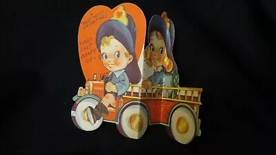 Vintage Fireman & Firegirl On Ladder Truck Valentine Card C. 1940s FABULOUS • $18.99