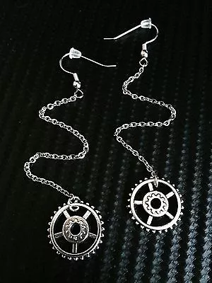 Silver Gear Earrings Steampunk--Long 5  Stainless Steel Dangle Chain--Hook Post • $8.99