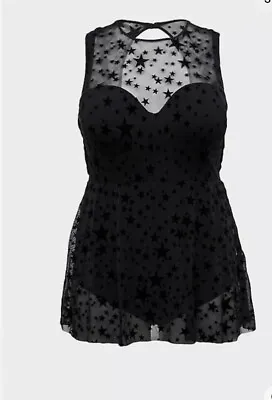 Torrid Black Flocked Mesh Star Push-Up Underwire Skater Swim Dress Size 6-D/DD • £57.91