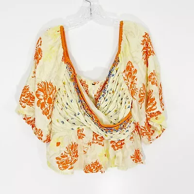 Free People Mirabella Yellow Floral Print Cropped Blouse Size Large • $40