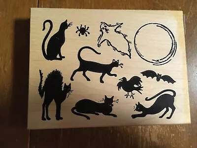 Halloween Rubber Stamp Crow Black Cat Scared Black Cat Ghost Full Moon • $15