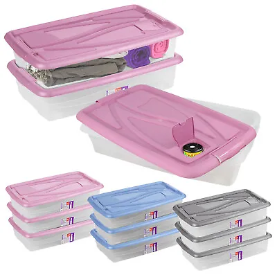 3 Plastic Storage Boxes Large Underbed Drawer Container Toys Clothes Shoes Wheel • £44.99