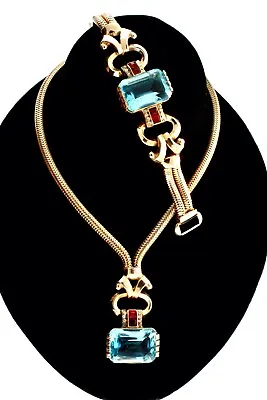 Vtg MAZER Deco Aqua Glass & Ruby Rhinestone Snake Chain NECKLACE & BRACELET Set • $765