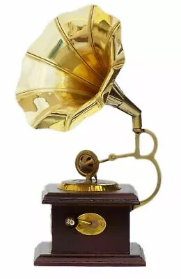 Showpiece Gramaphone Gramophone Phonograph Wood Brass Horn Ornament Decor • £41.89