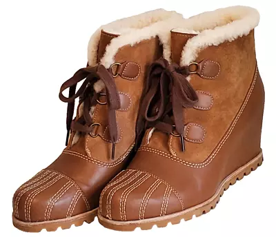 UGG Alasdair Leather Wedge Boots Womens Chestnut Brown Lined Lace Up Size 10 • $69.99