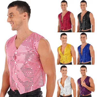 Mens Waistcoat Shiny Sequins Vest Sleeveless Button Hip Hop Jazz Dance Jacket • $10.59