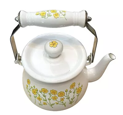 Vintage Enamel White Tea Pot & Top W/ Yellow Pansies • $22.50