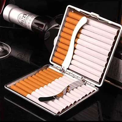 PU Leather Cover Metal Cigarette Case Box Double Sided Clip For 20 Cigarette-BRW • $5.99