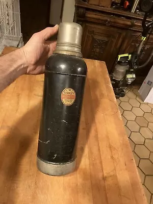 Stanley Antique Vacuum Ferrostat Thermos Black 1920's  Large W/Cork Cobalt Liner • $37.50