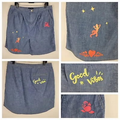 Denim Skirt Womens 14 Blue Chambray Pencil Good Vibes Rose Hand Painted • $20.99