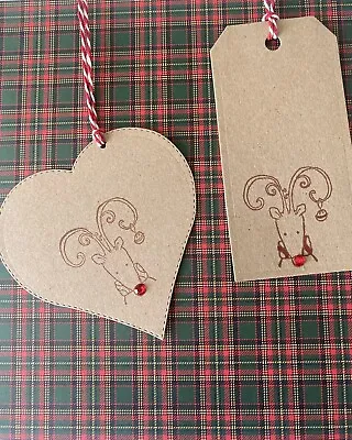 £3.99 • Buy 10 Large Kraft Christmas Gift Tags Reindeer Hand Stamped Large Heart Tag Eco