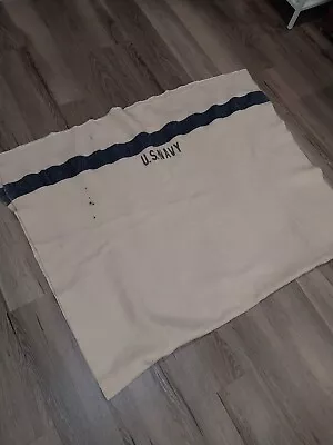 $48 • Buy Vintage US Navy Wool Blanket Letters White Blue Stripe 51x72” Stained