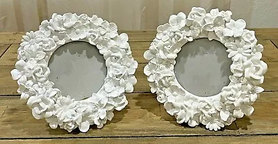 Vintage White Ceramic Floral Photo Frame Round French Country Charm Rue Moliere • $24.98