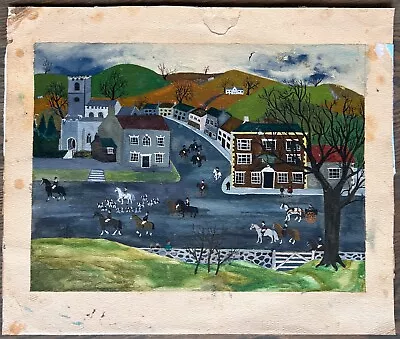Vintage Primitive Painting English Fox Hunt Horses Cityscape Townscape Figures • $125