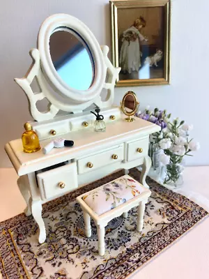 1:12 Dollhouse Furniture Miniature Cream  White Vanity Table Stool Furniture • $21.99