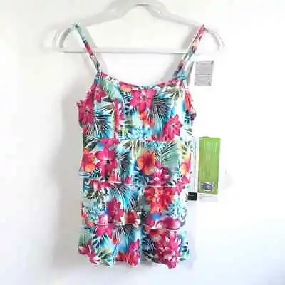 A Shore Fit Hawaiian Tier Swimsuit Tankini Top Size 10 NWT! Orig $50 Pink Blue • $10.80