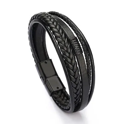 Men Jewelry Black Braided Leather Bracelet Multi-Layer Stainless Steel Clasp • $7.49