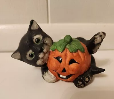 Vintage Halloween Sweet Black Cat With Pumpkin Jack O Lantern Ceramic Figurine • $14.99
