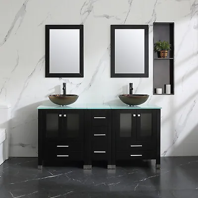 60  Double Sink Bathroom Vanity Free Standing Cabinet Black W/ Top Mirror Faucet • $1068.99