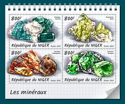 Minerals Dioptase Brazilianite Monazite Tsavorite MNH Stamps 2018 Niger M/S • $15.90