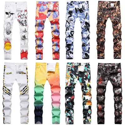 New Fashion Men Jeans Stretch Slim Fit Pants Casual Pants Printed Long Trousers • $39.99