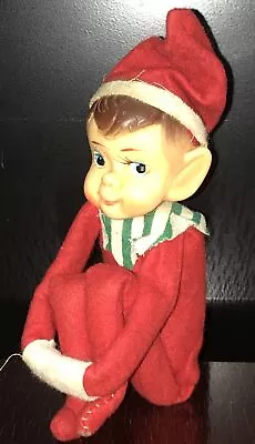 Elf Pixie Knee Hugger Vtg Christmas Shelf Sitter Blue Eyes Red 10” • $19.99