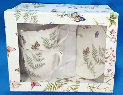 Gracie Bone China Meadow 2 Tea Cups Saucers Gold Trim Butterflies Org Box Set • $42.88