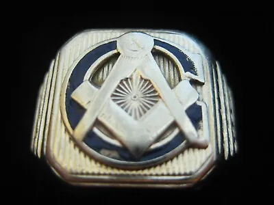 Vintage 10K White Gold Masonic Size 9 Ring 11.4g Enamel G Rectangle Signet Old • $374.95