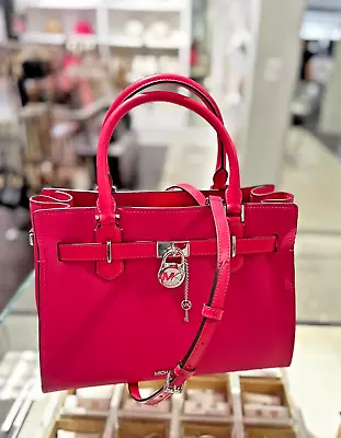 Michael Kors Hamilton MD Leather Satchel Crossbody Handbag Purse-Electric Pink • $227