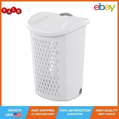 Wheeled Plastic Laundry Hamper Rolling Large Load Storage Basket With Lid White • $19.80