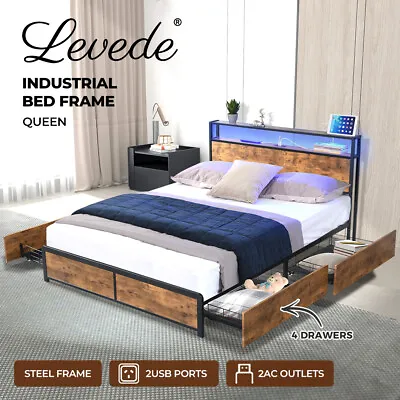 Levede Queen Bed Frame Industrial RGB LED Drawers Storage Headboard USB Charge • $379.99