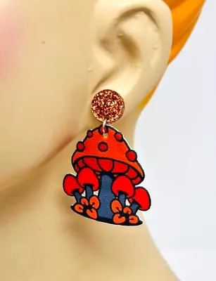 Acrylic Kawaii Psychedelic Mushroom Glitter Dangle Drop Earrings • $8.99