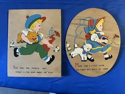 Vtg Wooden Nursery Rhymes Plaques Mary Had A Little Lamb/TomTom The Piper's Son • $24.99