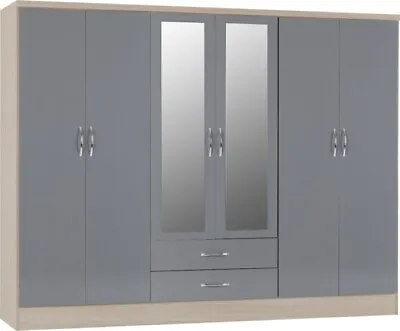 6 Door 2 Drawer Wardrobe + Mirrors (Brown) Gloss Grey /Light Oak Effect NADINE • £399