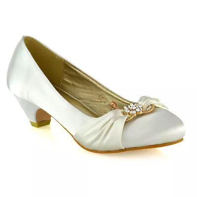 Womens Bridal Shoes Low Heel Satin Ladies Slip On Diamante Bridesmaid Pumps • £19.99