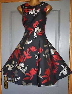 Coast Black Red & Silver Floral Evening Formal Occasion Party Dress Size 18 16 • £20