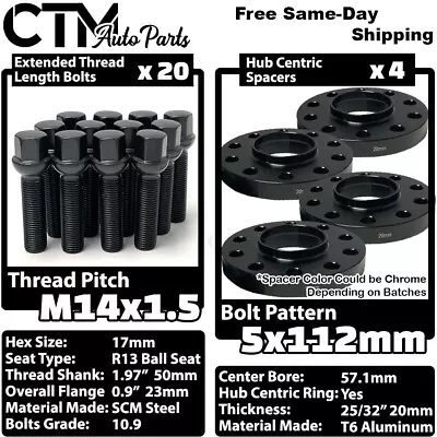 $105.79 • Buy 4x 20mm Thick 5x112 57.1mm CB Wheel Spacer Set Black 14x1.5 Bolt Fit Volkswagen