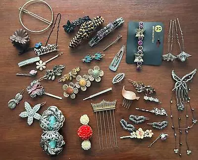 Vintage To Now Hair Accessories Lot Clips Combs Barrettes Hearts Rhinestones • $14.99