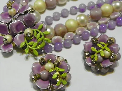 Lavender Miriam Haskell ?? Unsign Floral Clasp Beaded Necklace Clip Earrings Set • $125