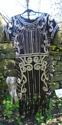 Vintage 90s Does 20s Black Gold Charleston Gatsby Downton Party Dress UK 12-14 • £25