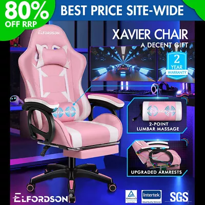 ELFORDSON Gaming Office Chair Massage Racing Computer Seat Footrest Leather Pink • £79.99