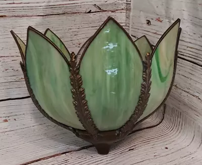 Vintage Green Stained Slag Glass Broken Tulip Lamp Shade • $40