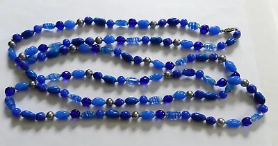 Vintage Venetian Murano Shades Of Blue Glass Bead Opera Or Flapper Necklace- 60  • $35