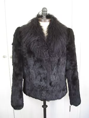 Tibetan Curly Lamb Mongolian Fur Collar Black Rabbit Fur Coat Jacket Size S • $239.99