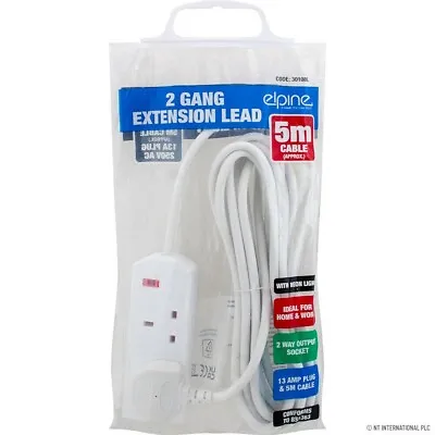 2 Way Gang 5m Extension Lead Power Uk Cable 13 Amp Socket Mains Wire Plug New • £10.99