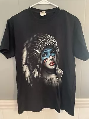 Native American Indian Woman Heritage Art Graphic T-Shirt Vintage Red Lips Mediu • $15