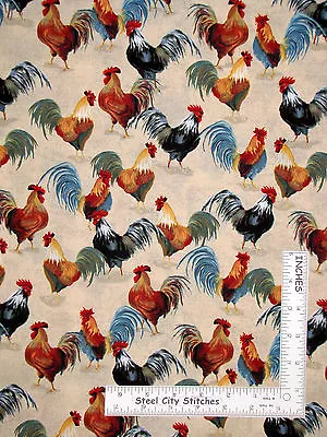 Rooster Farm Bird Cream Gray Cotton Fabric Windham 41212-1 Country Kitchen 18  • $5.36