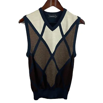 Tombolini Sz XL? Blue Cream Tan Argyle Wool Sweater Vest Designer Career EUR 50 • $19.99